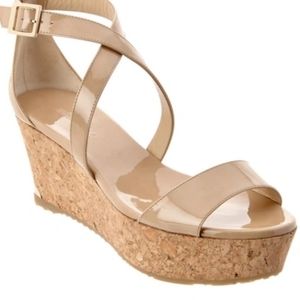 Jimmy Choo Beige Patent Leather Wedge Sandals Portia 38